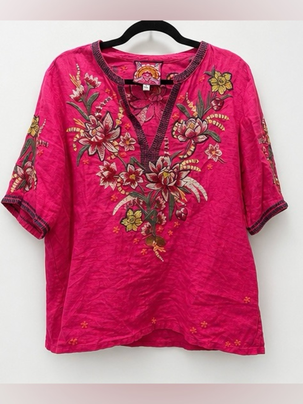 Johnny Was Jessica Easy V-Neck 100% Linen Embroidered Tunic Top Pink Large Boho